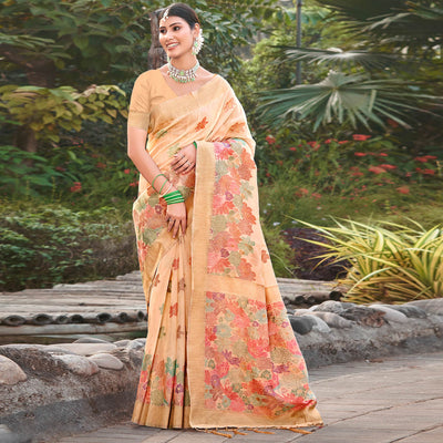 Cream Woven Cotton Blend Saree With Tassels