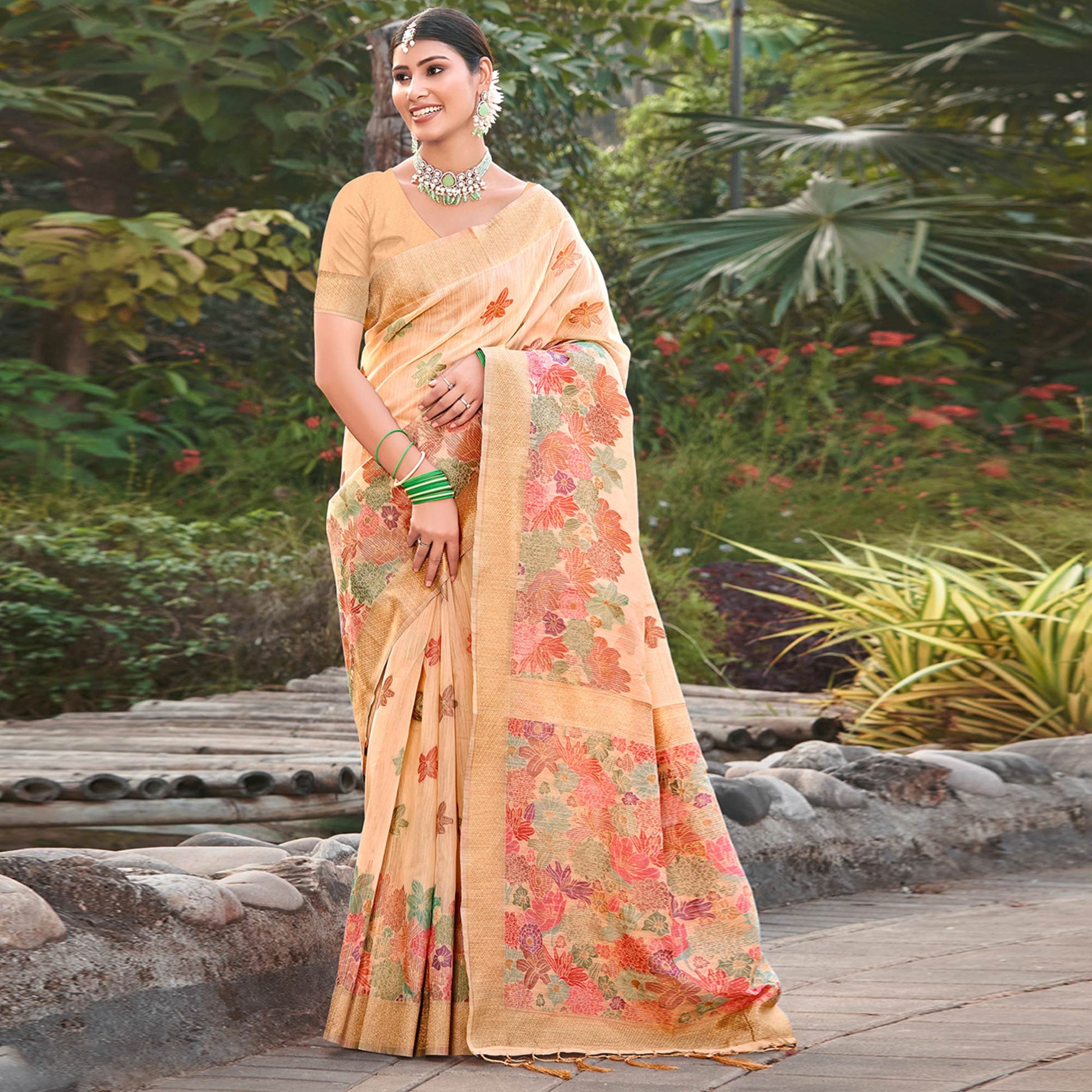 Cream Woven Cotton Blend Saree With Tassels
