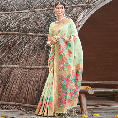 green-woven-cotton-blend-saree-with-tassels-1