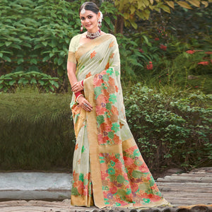 Light Green Woven Cotton Blend Saree With Tassels