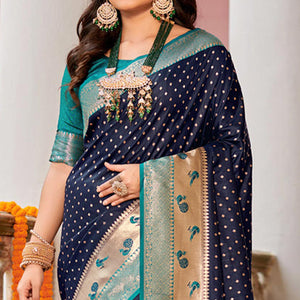 Blue Woven Banarasi Silk Saree With Tassels