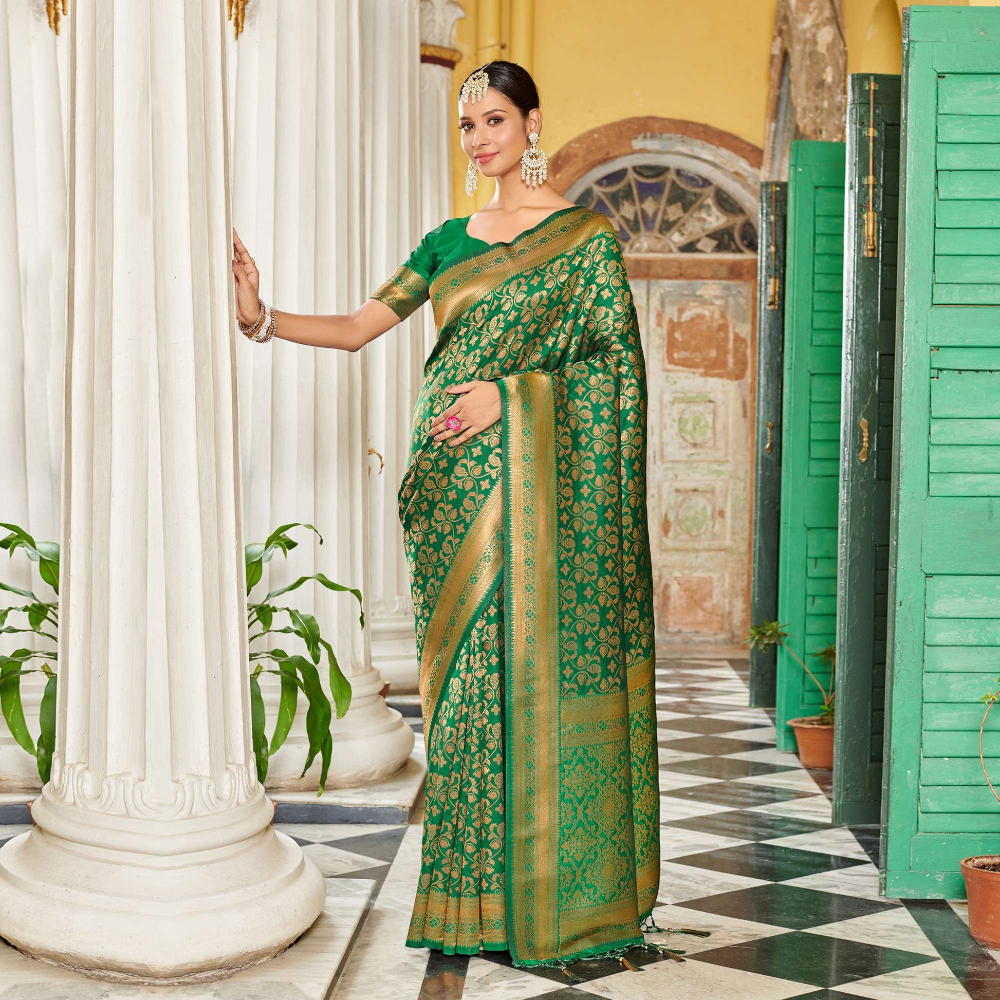 green-floral-woven-banarasi-silk-saree-with-tassels-4