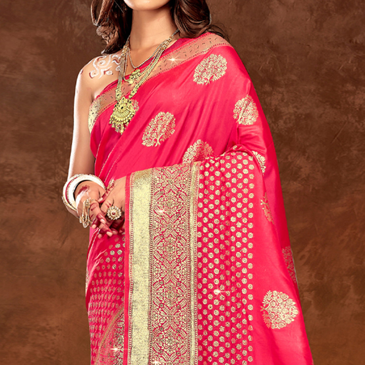 Gajari Pink Floral Woven Banarasi Silk Saree With Tassels