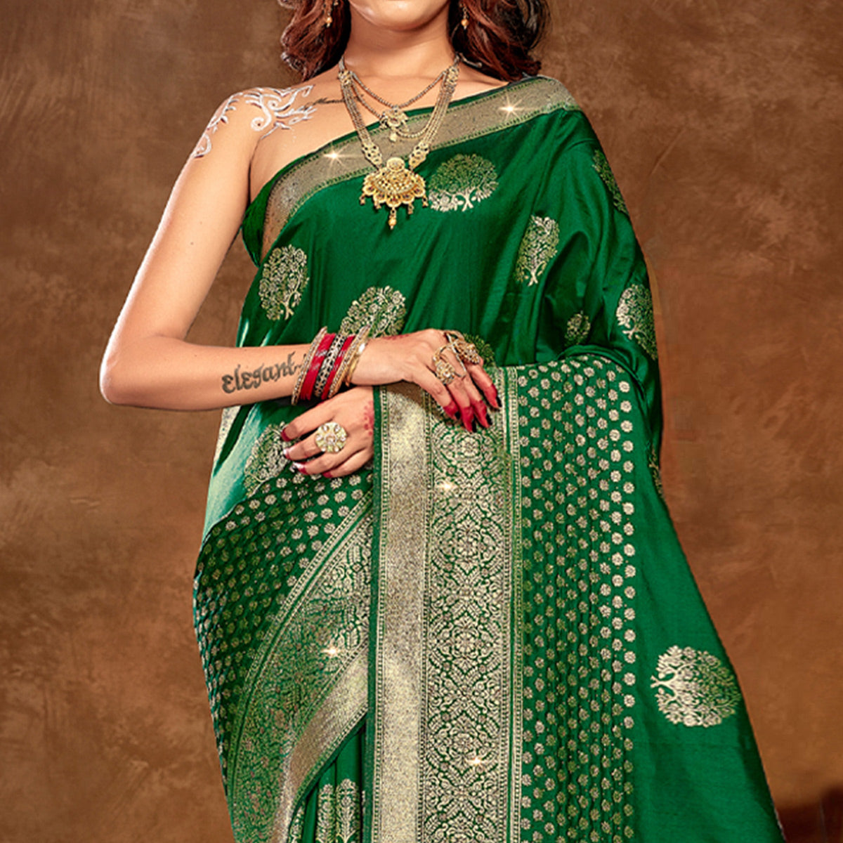 green-floral-woven-banarasi-silk-saree-with-tassels-3