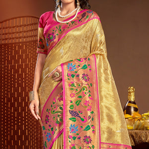 Cream Woven Raw Silk Paithani Saree With Tassels