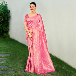 Light Pink Floral Woven Cotton Blend Saree With Tassels