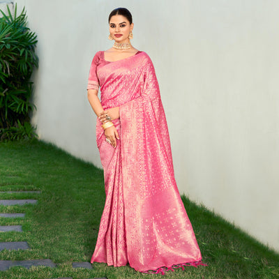Light Pink Floral Woven Cotton Blend Saree With Tassels