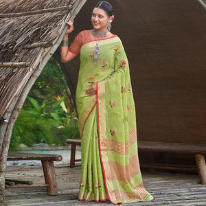 green-floral-embroidered-linen-saree-with-tassels-2