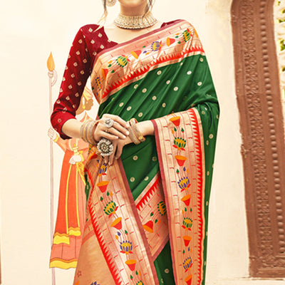 green-floral-woven-banarasi-silk-saree-with-tassels-1