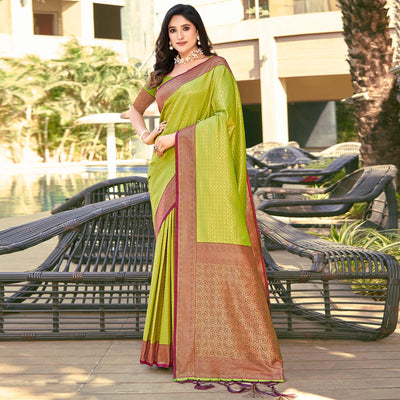 Light Green Woven Banarasi Silk Saree With Tassels