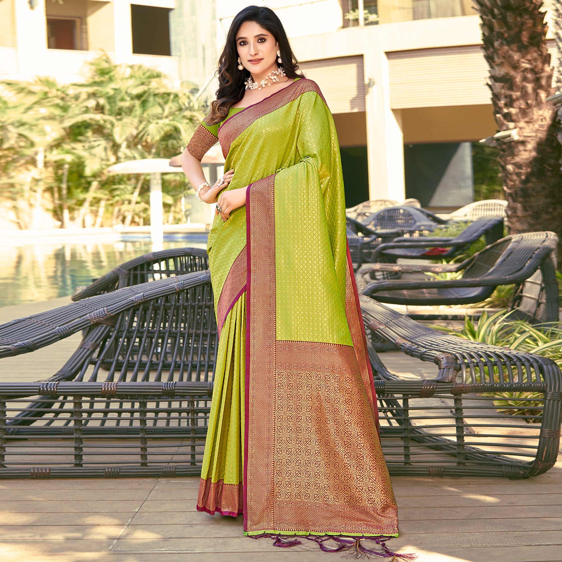 Light Green Woven Banarasi Silk Saree With Tassels