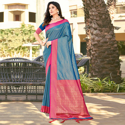 Blue Woven Banarasi Silk Saree With Tassels