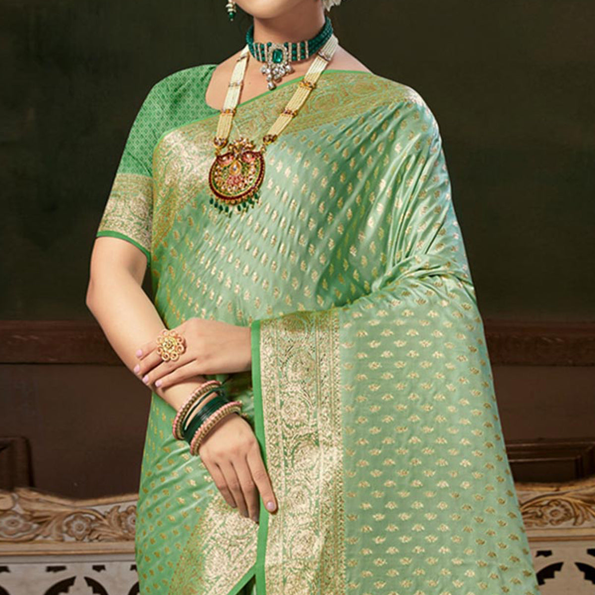 green-woven-banarasi-silk-saree-with-tassels-7