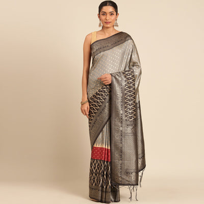 Grey Woven Banarasi Silk Saree With Tassels
