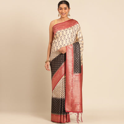 Cream Woven Banarasi Silk Saree With Tassels