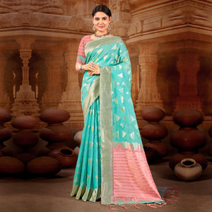 Blue Woven Linen Saree With Tassels