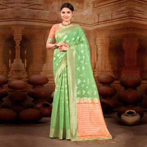 green-woven-linen-saree-with-tassels-1