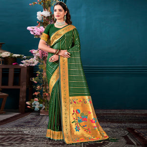 Dark Green Woven Paithani Raw Silk Saree With Tassels