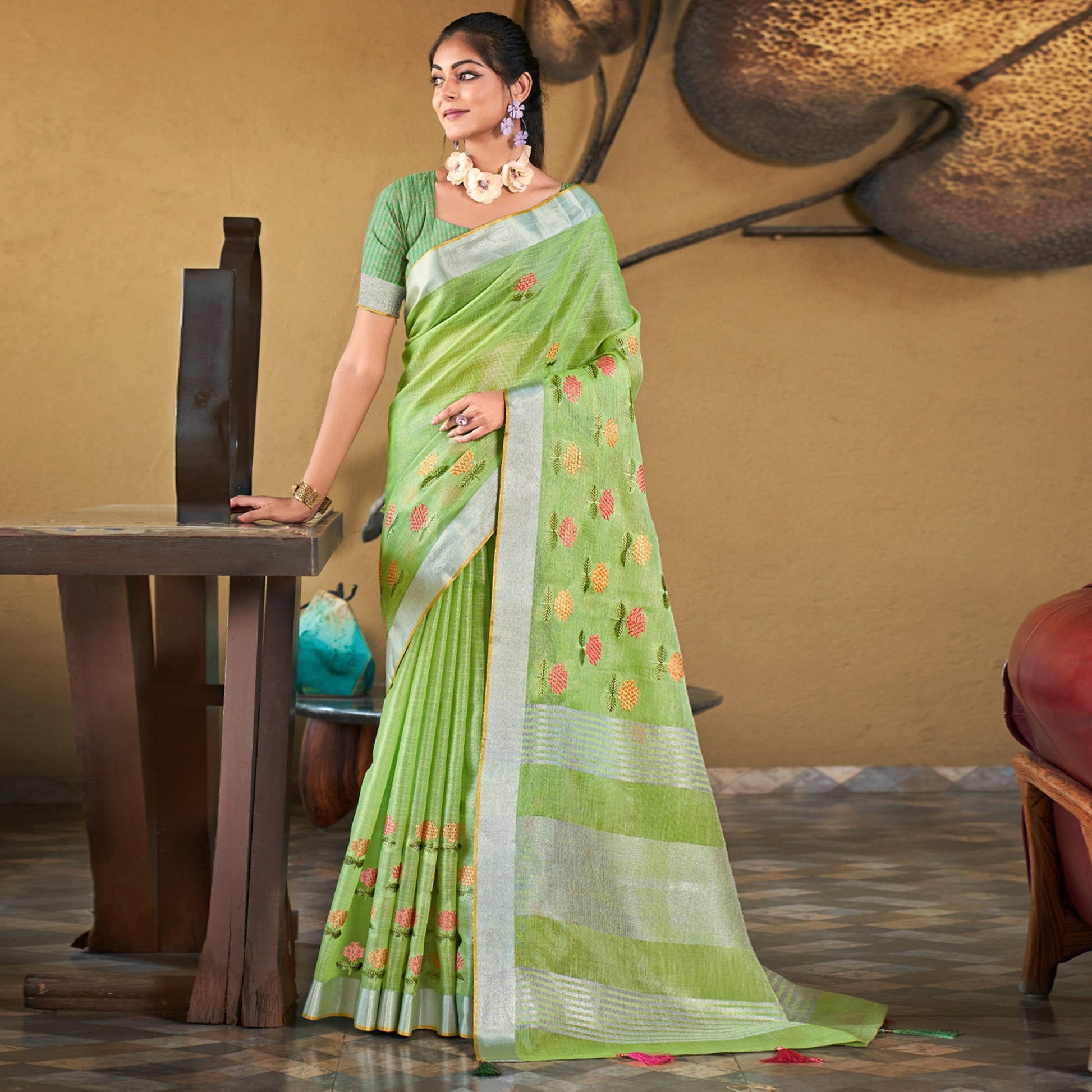 green-floral-embroidered-linen-saree-with-tassels-3