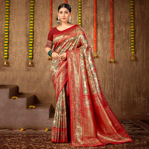 Maroon Floral Woven Banarasi Silk Saree