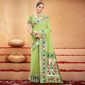 green-floral-woven-cotton-blend-saree-with-tassels-1