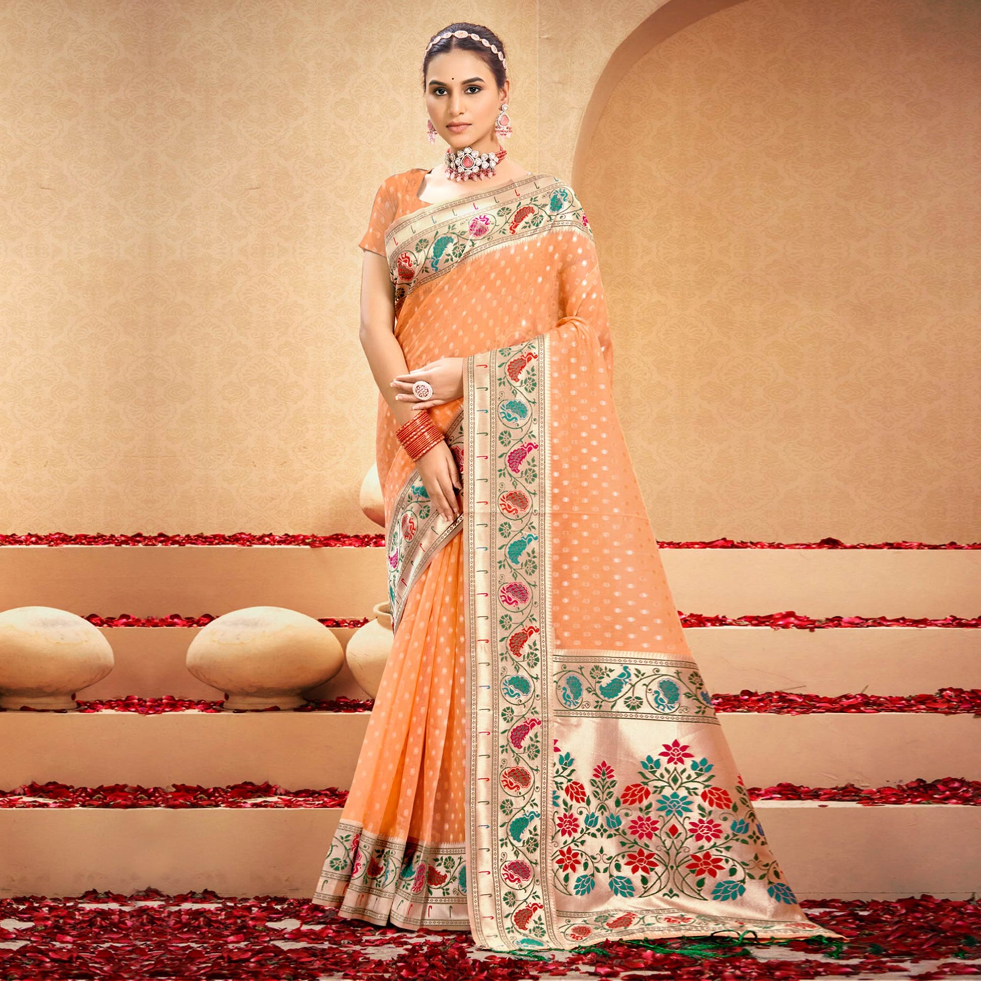 Light Orange Floral Woven Cotton Blend Saree With Tassels