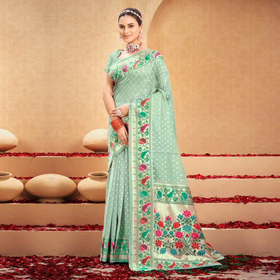 green-floral-woven-cotton-blend-saree-with-tassels