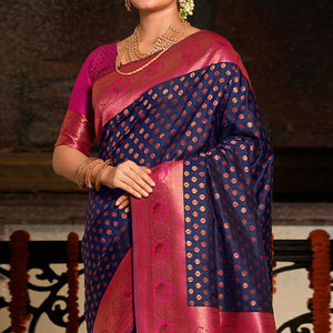 Blue Woven Banarasi Silk Saree With Tassels