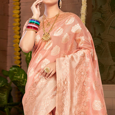 Light Peach Floral Woven Kota Doria Saree With Tassels