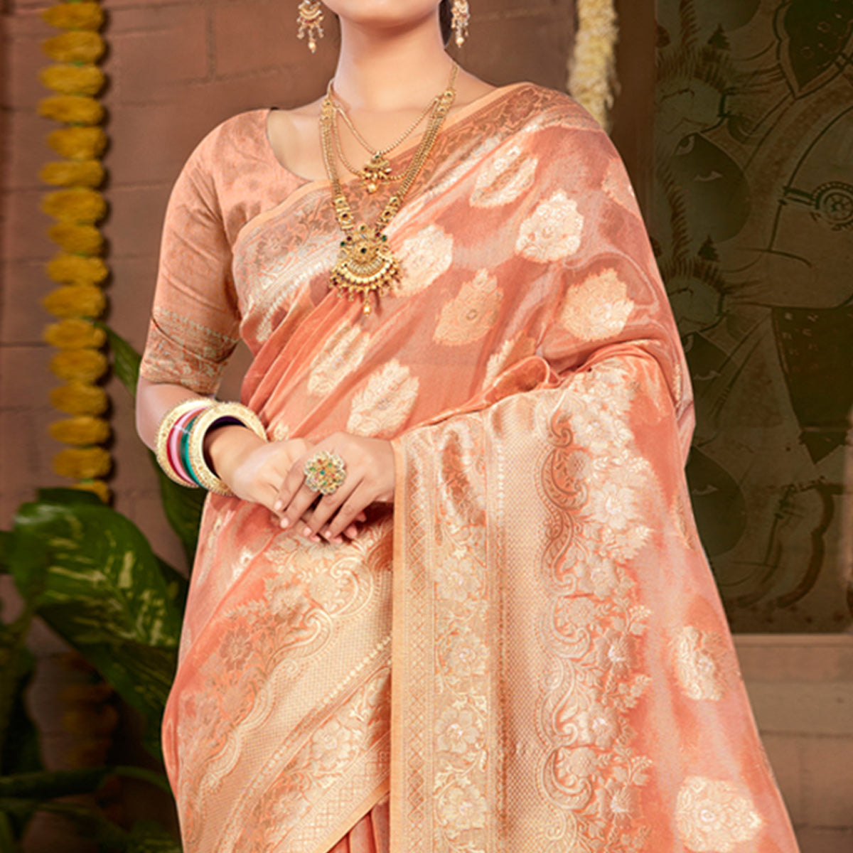 Dark Peach Floral Woven Kota Doria Saree With Tassels