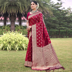 Maroon Floral Woven Kanjivaram Silk Saree With Tassels