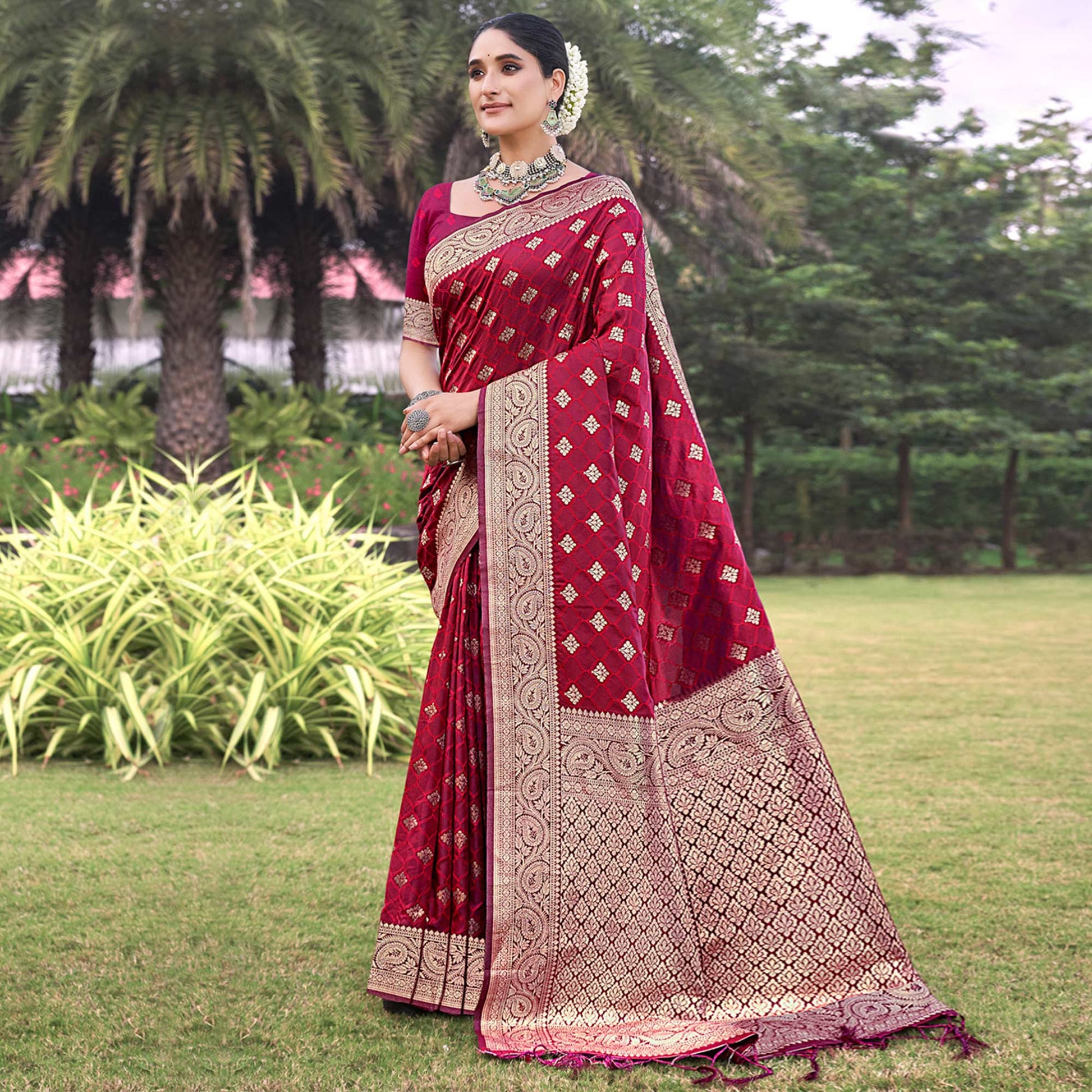 Maroon Floral Woven Kanjivaram Silk Saree With Tassels
