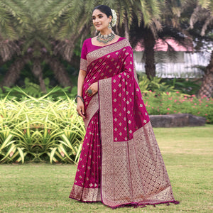 Magenta Floral Woven Kanjivaram Silk Saree With Tassels