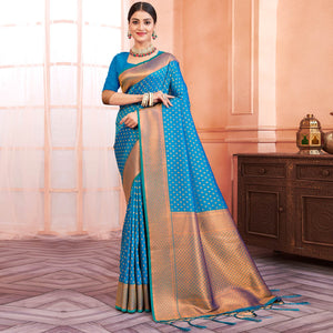 Blue Woven Banarasi Silk Saree With Tassels