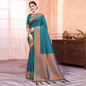 Blue Woven Banarasi Silk Saree With Tassels