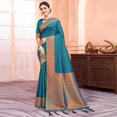 Blue Woven Banarasi Silk Saree With Tassels