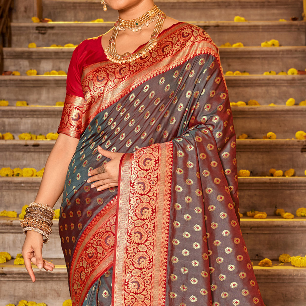 Grey Woven Banarasi Silk Saree With Tassels