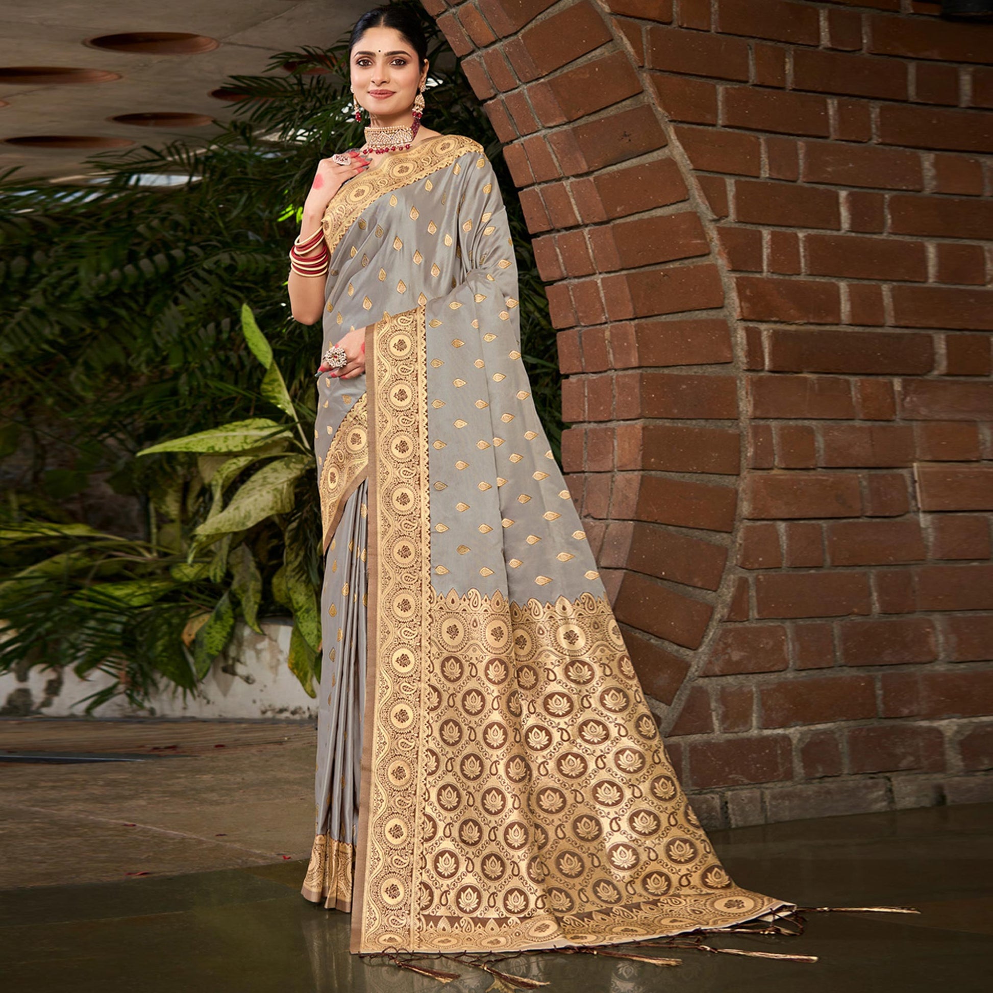 Grey Woven Satin Silk Saree With Tassels