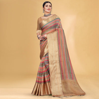 Multicolor Checks Woven Bhagalpuri Silk Saree With Tassels