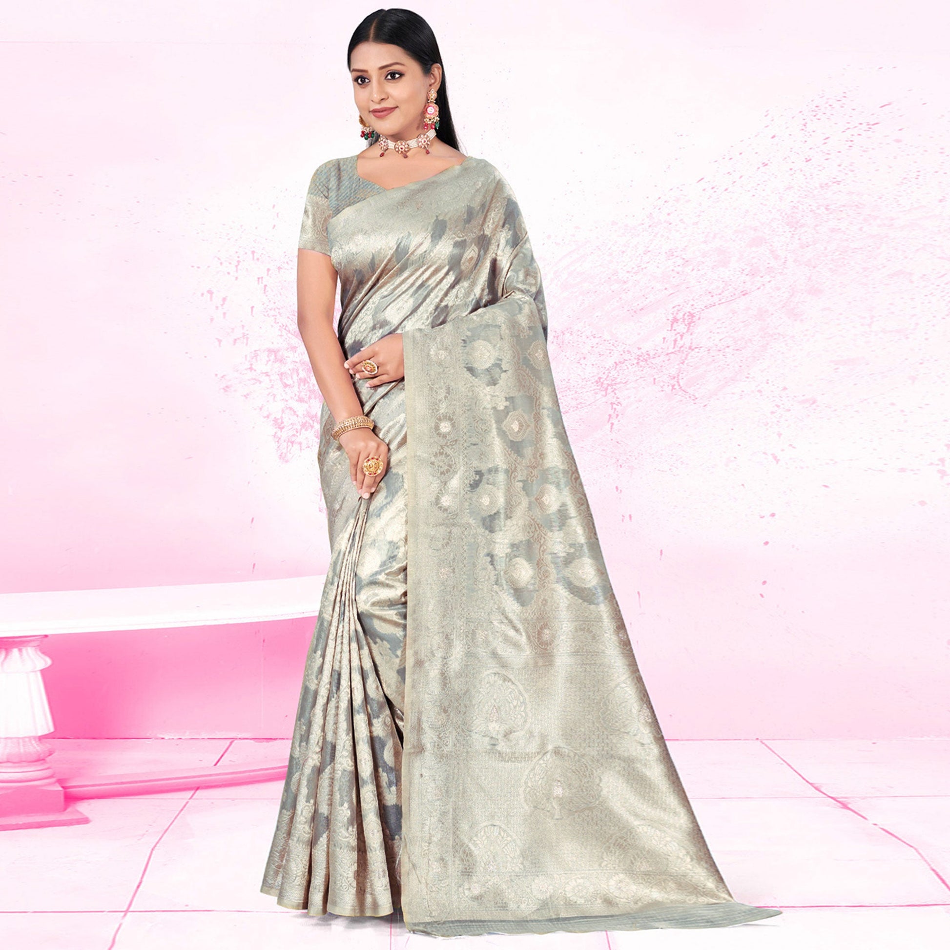Grey Woven Cotton Blend Saree