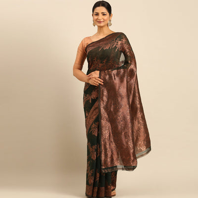 Bottle Green Floral Woven Cotton Silk Saree