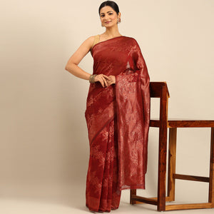 Maroon Floral Woven Cotton Silk Saree