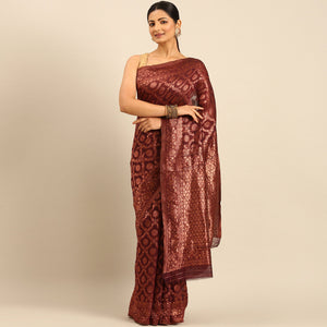 Maroon Floral Woven Cotton Silk Saree