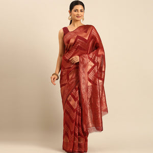 Maroon Floral Woven Cotton Silk Saree