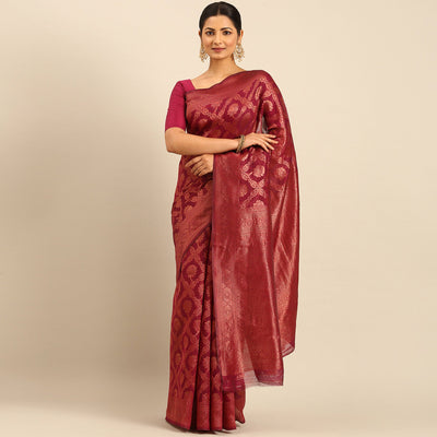 Magenta Floral Woven Cotton Silk Saree