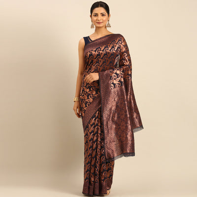 Dark Navy Blue Floral Woven Cotton Silk Saree
