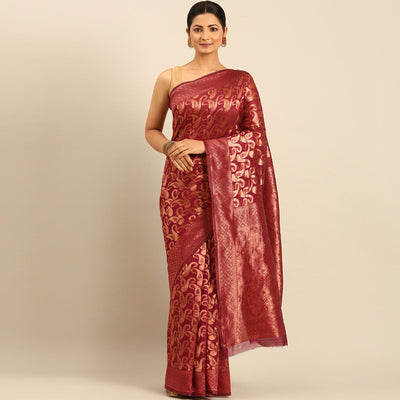 Magenta Floral Woven Cotton Silk Saree