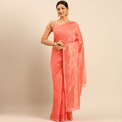 Gajari Pink Floral Woven Cotton Silk Saree