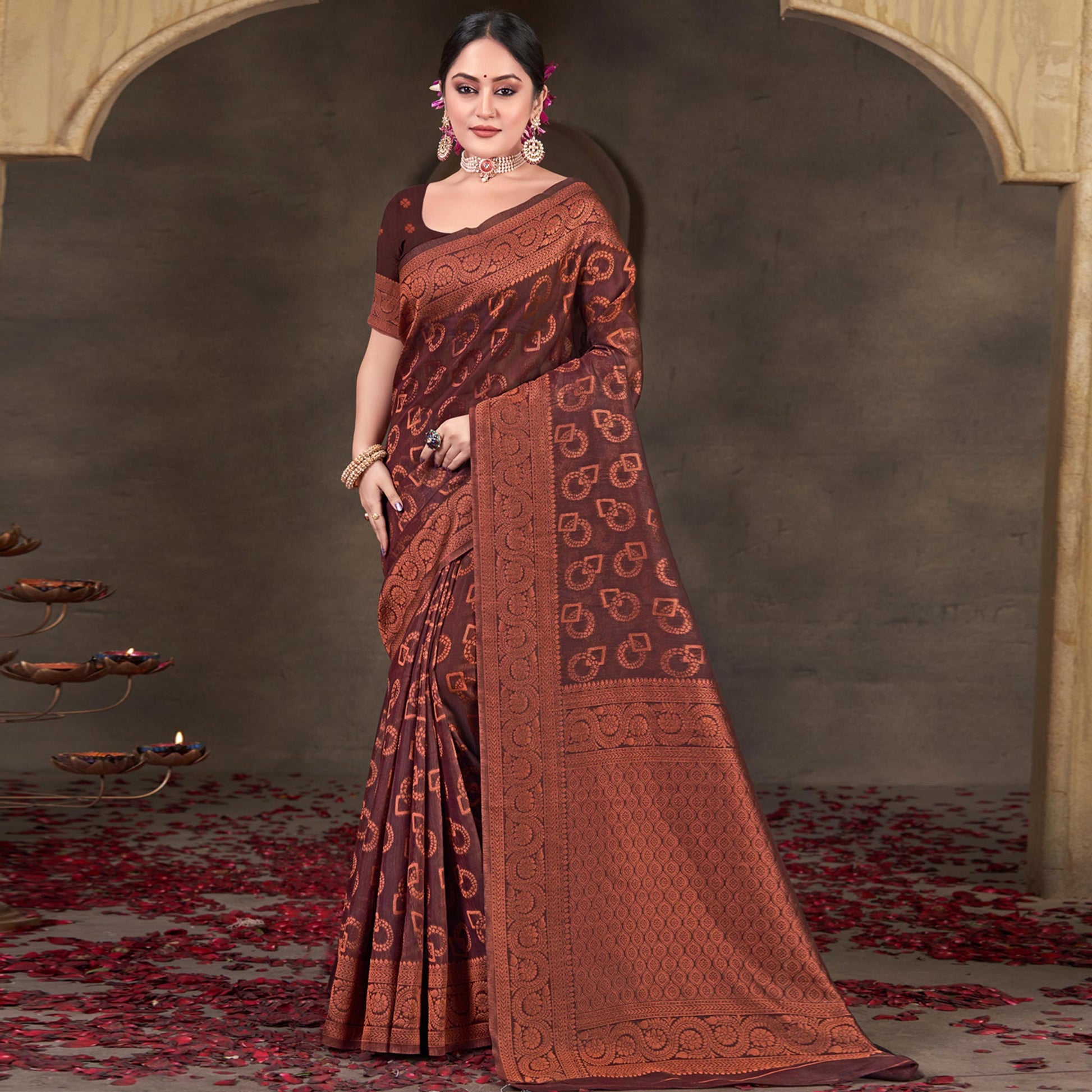 Burgundy Woven Cotton Silk Saree