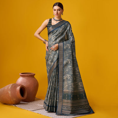 Bluish Grey Digital Printed Cotton Silk Saree